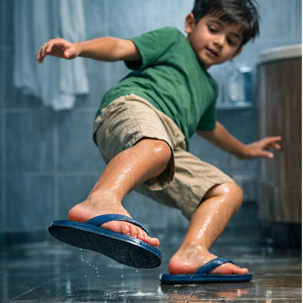 Child in green shirt and beige shorts playing in a bathroom with blue sandals.